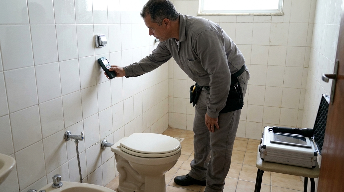 Técnico de caça vazamento analisando tubulação em Serra‑ES