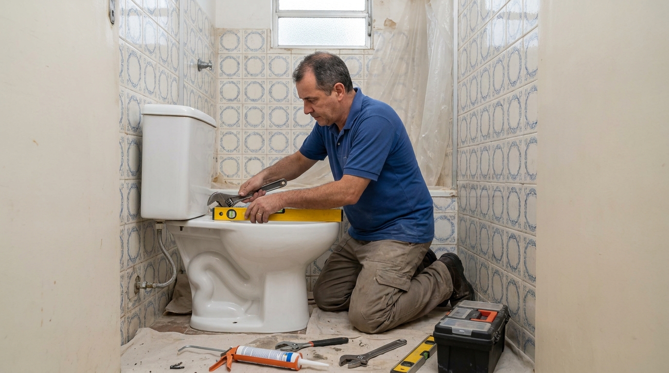Técnico instalando vaso sanitário em Serra‑ES